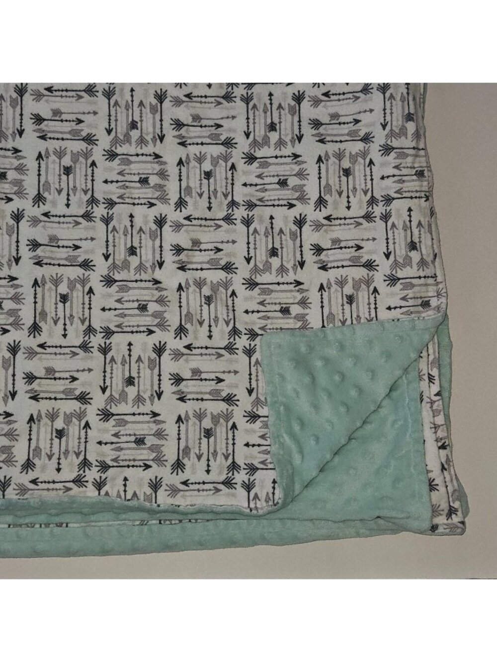 Handmade Baby Blanket White Gray Arrows Mint Green Fleece Minky Dots 38x40